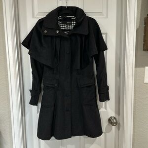 Wool Trench/Pea Coat with cape, beautiful detailing, satin lining size US 4/6